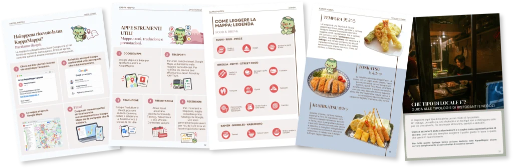 Anteprima delle pagine della guida KappaMappu con istruzioni, legenda e cucina giapponese