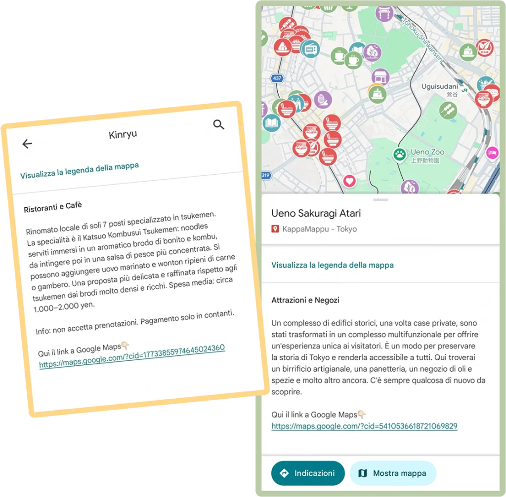 Schermate KappaMappu su Google Maps con pin personalizzati e descrizioni dei luoghi