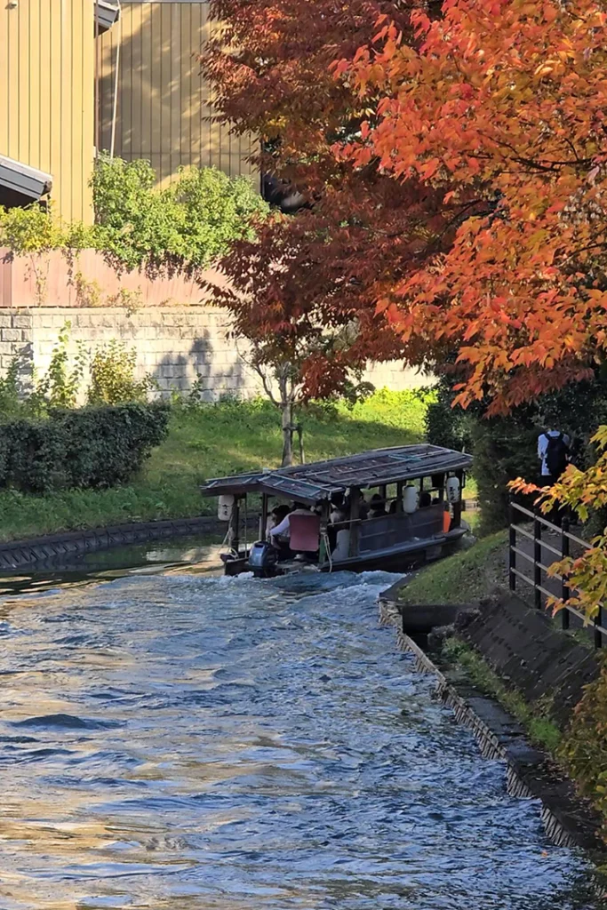 La barca in legno Jikkokubune mentre naviga lungo il canale di Fushimi a Kyoto, incorniciata da un albero di acero con foglie autunnali arancioni e rosse.