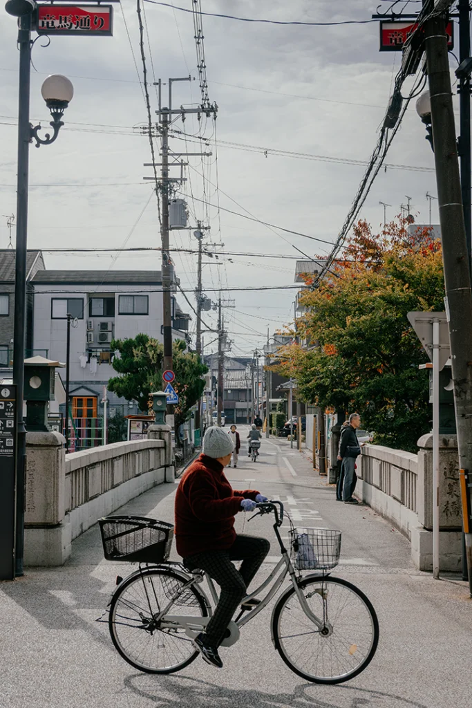 Una persona in bicicletta attraversa un ponte di pietra a Fushimi, Kyoto, con lampioni tradizionali, pali della luce e case residenziali sullo sfondo.