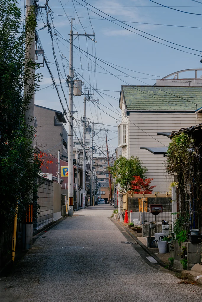 Una stretta strada residenziale a Fushimi, Kyoto, con case moderne e tradizionali, pali della luce con una fitta rete di cavi aerei e piante decorative lungo i lati.