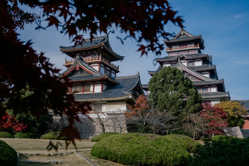 La torre principale e la torre minore del castello di Fushimi Momoyama a Kyoto, viste dal giardino sottostante e incorniciate da foglie di acero autunnali in primo piano